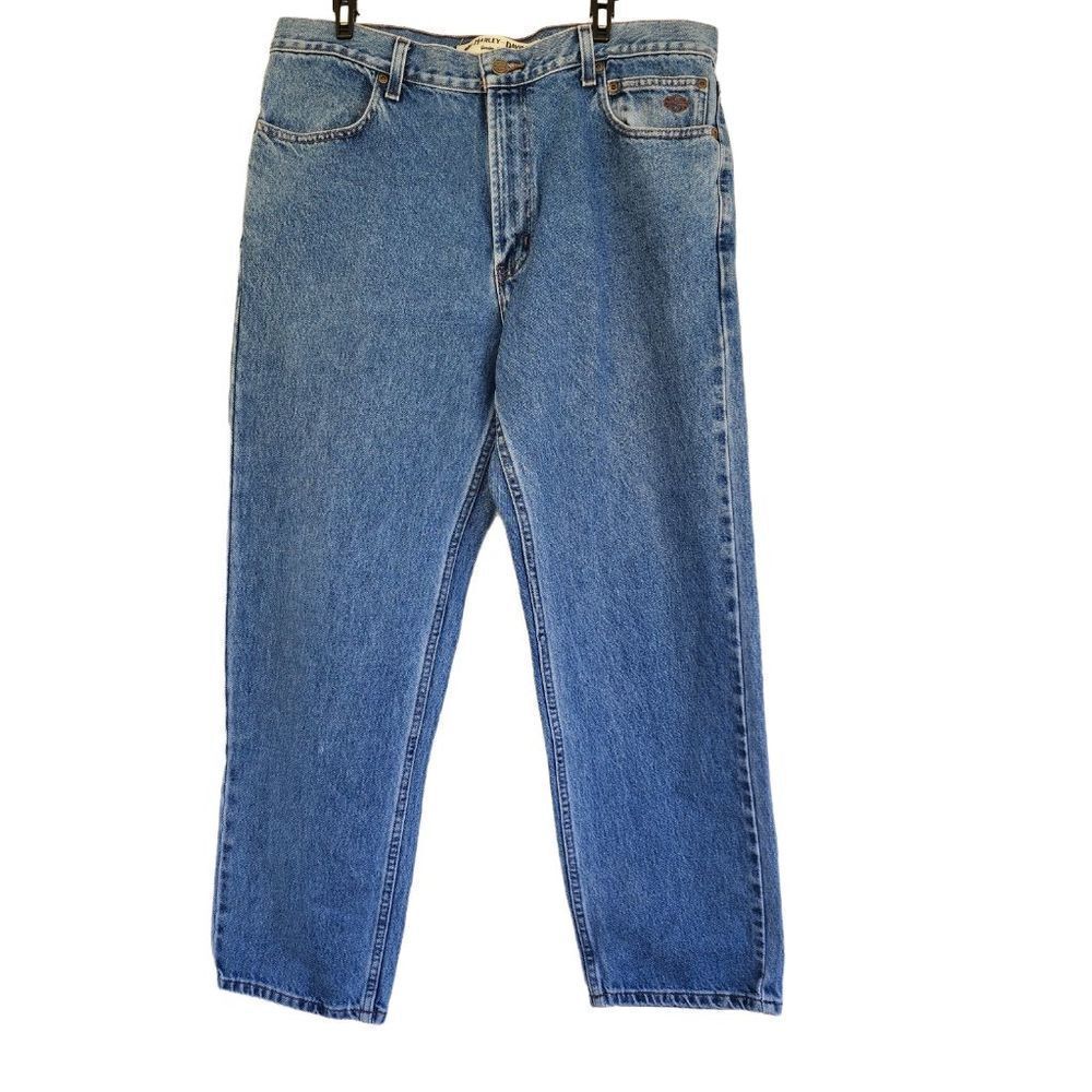 Vintage Harley Davidson Biker Blue Denim Jeans 36 x 30 Motorcycle 90s HD Logo